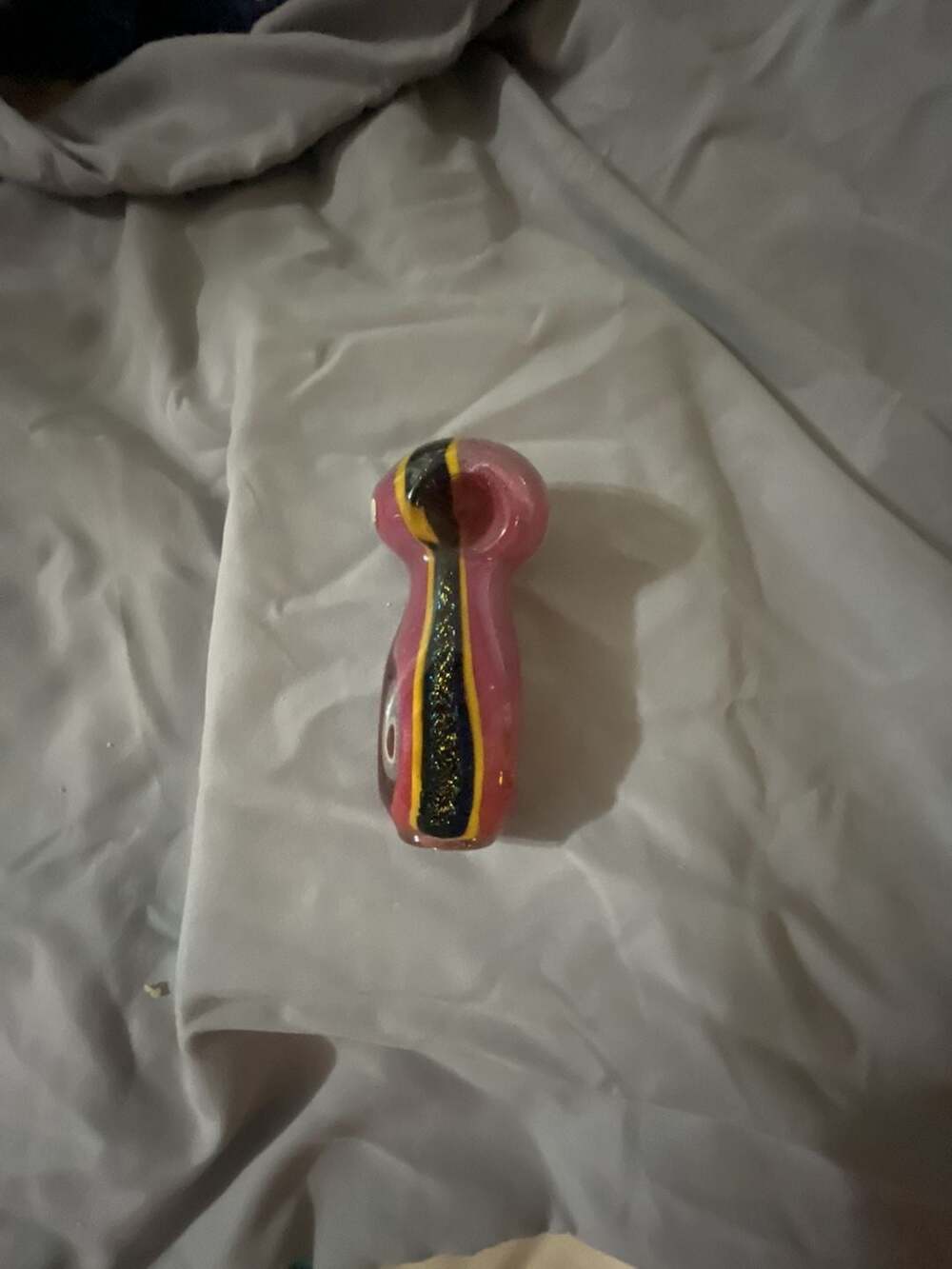 Pink and Black Glass Spoon Hand Pipe with Yellow Accents - Picture 1 of 7